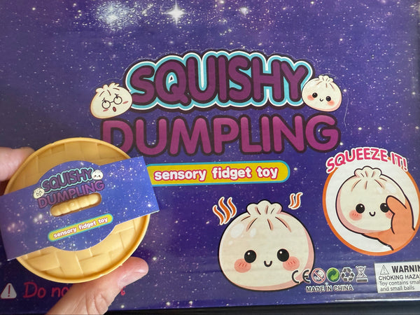 Squishy Dumpling sensory fidget toy packaging with dumpling illustrations on a purple background

